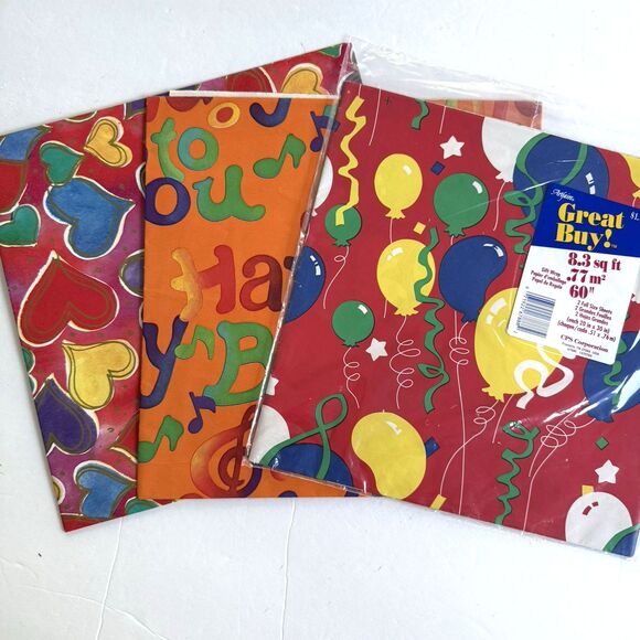 Vtg Birthday Gift Wrap Balloons Hearts Happy Birthday Wrapping Paper 3 Designs - Picture 1 of 4